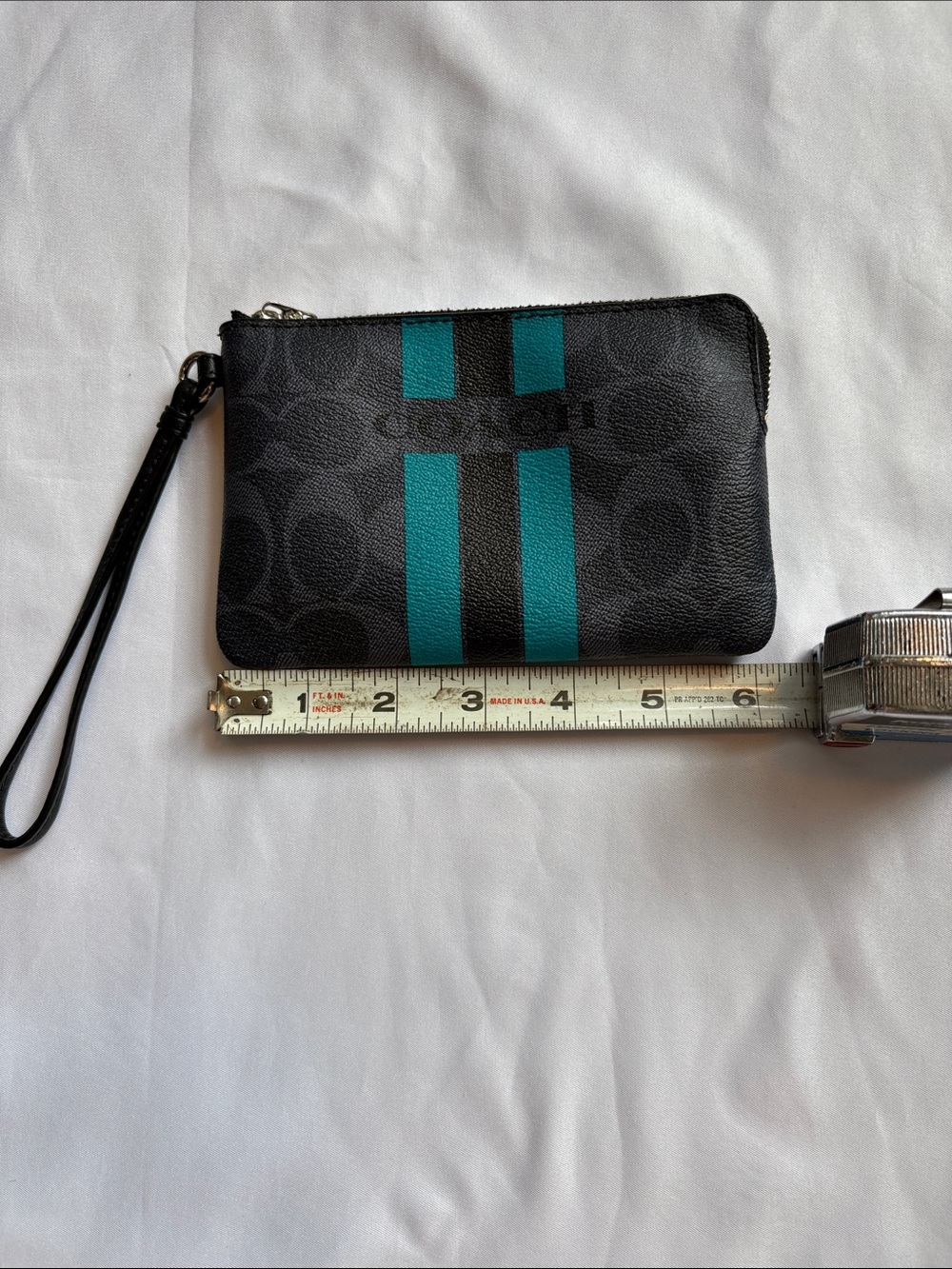 Coach Black Signature Wristlet with Teal Center Stripes